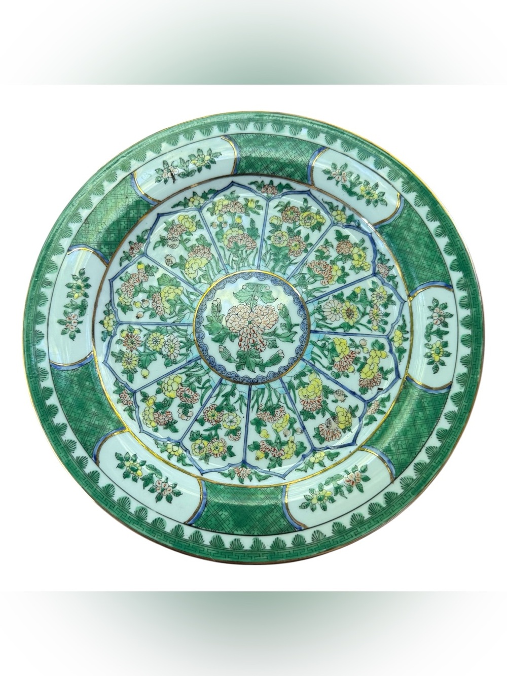 Vintage Handpainted Green And Gold Floral Plate China